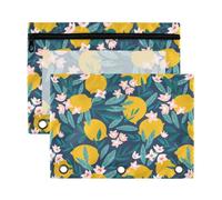 Mnsruu Tropical Summer Fruits Citrus Lemon and Flowers 3 Rings Binder Pouch Pencil Case, 2 Pack Pencil Pouches with Zipper, Clear Window Cosmetic Bag