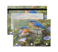 Mnsruu Two Bluebirds Morning Glory 3 Rings Binder Pouch Pencil Case, 2 Pack Pencil Pouches with Zipper, Clear Window Cosmetic Bag