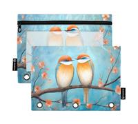 Mnsruu Two Couple Bird 3 Ring Binder Pencil Pouches with Zipper Clear Window Stationery Bag for Storing School Office Supplies, 2 Pack