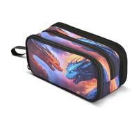 Mnsruu Two Dragons Facing Fire Pencil Case Big Capacity Pen Bag Pouch Holder 3 Compartments Large Pencil Box for Boys Girls School Storage Organizer