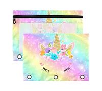 Mnsruu Unicorn Rainbow Flower 3 Rings Binder Pouch Pencil Case, 2 Pack Pencil Pouches with Zipper, Clear Window Cosmetic Bag