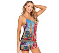 Mnsruu Union Jack Phone Booth London Big Ben Street Pajamas Shorts Set Women Sleep Lingerie Satin Nightwear S Multicolor