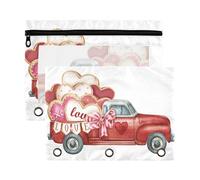 Mnsruu Valentine's Red Truck Heart Cookies 3 Rings Binder Pouch Pencil Case, 2 Pack Pencil Pouches with Zipper, Clear Window Cosmetic Bag