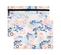 Mnsruu Vintage England Rose Buds Leaves and Butterflies 3 Rings Binder Pouch Pencil Case, 2 Pack Pencil Pouches with Zipper, Clear Window Cosmetic Bag