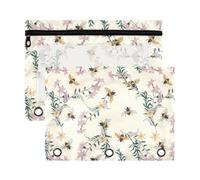 Mnsruu Vintage Honey Bee Floral 3 Rings Binder Pouch Pencil Case, 2 Pack Pencil Pouches with Zipper, Clear Window Cosmetic Bag
