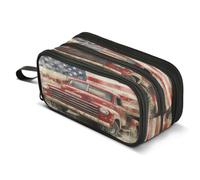 Mnsruu Vintage Red Truck USA Flag Pencil Case Large Capacity Pencil Pouch with 3 Compartments Stationery Case Pen Bag for Boys Girls Kids Adults School Office