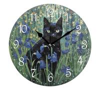 Mnsruu Wall Clock Black Cat Purple Flower, Silent Non-Ticking Decorative Wall Clocks Battery Operated 25x25cm