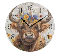 Mnsruu Wall Clock Cute Highland Cow Flowers, Silent Non-Ticking Decorative Wall Clocks Battery Operated 25x25cm