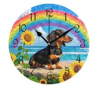 Mnsruu Wall Clock Dachshund Rainbow Sunflower, Silent Non-Ticking Decorative Wall Clocks Battery Operated 25x25cm