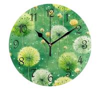 Mnsruu Wall Clock Dandelion Flowers Green Silent Non-Ticking Decorative Wall Clocks Battery Operated 25x25cm for Home Living Room Kitchen Bathroom Bedroom
