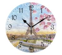 Mnsruu Wall Clock Eiffel Tower Spring Flowers, Silent Non-Ticking Decorative Flowers Wall Clocks Battery Operated 25x25cm