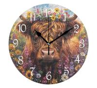 Mnsruu Wall Clock Flowers Highland Cow, Silent Non-Ticking Decorative Wall Clocks Battery Operated 25x25cm