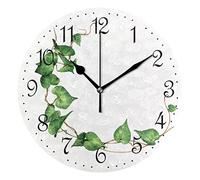 Mnsruu Wall Clock Green Leaves Ivy Silent Non-Ticking Decorative Wall Clocks Battery Operated 25x25cm for Home Living Room Kitchen Bathroom Bedroom