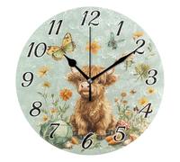 Mnsruu Wall Clock Highland Cow Green Silent Non-Ticking Round Wall Clocks 25cm Battery Operated Clocks for Living Room Kitchen