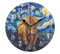 Mnsruu Wall Clock Highland Cow in Starry Night, Silent Non-Ticking Decorative Wall Clocks Battery Operated 25x25cm