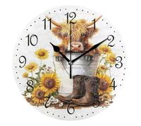 Mnsruu Wall Clock Highland Cow Sunflowers, Silent Non-Ticking Decorative Wall Clocks Battery Operated 25x25cm