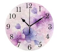 Mnsruu Wall Clock Purple Violets Flowers Silent Non-Ticking Round Wall Clocks 25cm Battery Operated Clocks for Living Room Kitchen