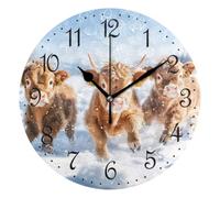 Mnsruu Wall Clock Snow Highland Cow, Silent Non-Ticking Decorative Wall Clocks Battery Operated 25x25cm