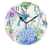 Mnsruu Wall Clock Watercolor Flowers Hummingbird Silent Non-Ticking Decorative Wall Clocks Battery Operated 25x25cm for Home Living Room Kitchen Bathroom Bedroom