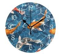 Mnsruu Wall Clock Watercolor Koi Carps Fishes in Water Silent Non-Ticking Decorative Wall Clocks Battery Operated 25x25cm for Home Living Room Kitchen Bathroom Bedroom