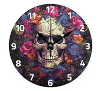 Mnsruu Wall Clocks, Colorful Flowers Sugar Skull Day Of The Dead Battery Operated Non Ticking Clock Large 25x25cm Silent for Bedroom Kitchen