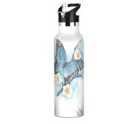 Mnsruu Watercolor Blue Butterfly Flower Plum Branch Water Bottle Stainless Steel Drink Flask with Straw Cap Insulated Bottle for Boys Girls Sports 20 oz (600 ml)