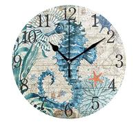 Mnsruu Watercolor Blue Seahorse Round Wall Clock, Silent Non Ticking Oil Painting for Bedroom Living Room Office School Home Decor