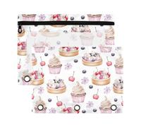 Mnsruu Watercolor Cupcake Berries 3 Rings Binder Pouch Pencil Case, 2 Pack Pencil Pouches with Zipper, Clear Window Cosmetic Bag