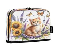 Mnsruu Watercolor Cute Ginger Kitten and Lavender Flowers Standing Pencil Case, Large Capacity Pen Bag for Boys Girls Multi-Layer Pen Pouch Pencil Holder Stationery Organizer for School Office Work