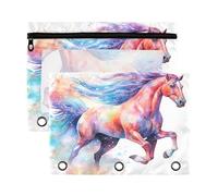 Mnsruu Watercolor Horse Colorful 3 Rings Binder Pouch Pencil Case, 2 Pack Pencil Pouches with Zipper, Clear Window Cosmetic Bag