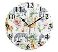 Mnsruu Watercolor Palm Leaves Giraffe and Zebra Wall Clock Non Ticking Silent Clocks,Battery Operated Decorative Clock 10 Inch for Kitchen, Living Room