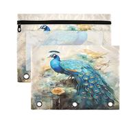 Mnsruu Watercolor Peacock Bird 3 Rings Binder Pouch Pencil Case, 2 Pack Pencil Pouches with Zipper, Clear Window Cosmetic Bag