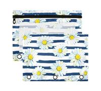 Mnsruu Watercolor White Little Daisy Navy Stripes 3 Rings Binder Pouch Pencil Case, 2 Pack Pencil Pouches with Zipper, Clear Window Cosmetic Bag