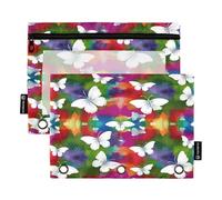 Mnsruu White Butterflies on A Watercolor Multicolored Background Pencil Pouch for 3 Ring Binder, 2 PCS Binder Pencil Pouch with Zipper, Clear Window Zipper Pencil Case Pencil Bags for Office Supplies