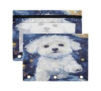 Mnsruu White Dog Starry Sky 3 Rings Binder Pouch Pencil Case, 2 Pack Pencil Pouches with Zipper, Clear Window Cosmetic Bag