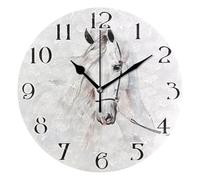 Mnsruu White Horse Clock Wall Clock for Living Room Silent Non-Ticking Round Clock 25cm Easy to Read Clocks Kitchen Home Decorative