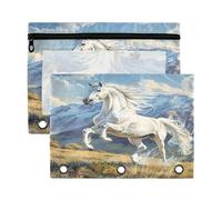 Mnsruu White Horse Mountain 3 Rings Binder Pouch Pencil Case, 2 Pack Pencil Pouches with Zipper, Clear Window Cosmetic Bag