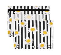 Mnsruu White Little Daisy Black Stripes 3 Rings Binder Pouch Pencil Case, 2 Pack Pencil Pouches with Zipper, Clear Window Cosmetic Bag