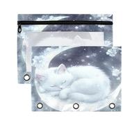 Mnsruu White Sleeping Cat Moon 3 Rings Binder Pouch Pencil Case, 2 Pack Pencil Pouches with Zipper, Clear Window Cosmetic Bag