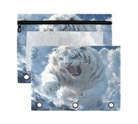 Mnsruu White Tiger Snow Mountain 3 Rings Binder Pouch Pencil Case, 2 Pack Pencil Pouches with Zipper, Clear Window Cosmetic Bag