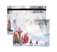 Mnsruu Winter Landscape Christmas Ball 3 Rings Binder Pouch Pencil Case, 2 Pack Pencil Pouches with Zipper, Clear Window Cosmetic Bag