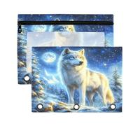 Mnsruu Wolf Moon Snow Mountain 3 Rings Binder Pouch Pencil Case, 2 Pack Pencil Pouches with Zipper, Clear Window Cosmetic Bag