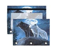 Mnsruu Wolves Black White Moon 3 Rings Binder Pouch Pencil Case, 2 Pack Pencil Pouches with Zipper, Clear Window Cosmetic Bag