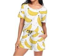 Mnsruu Yellow Bananas Pattern Womens Pyjamas Sets Short Sleeves, Ladies Pajamas Pjs Set Loungewear with Pocket Size M