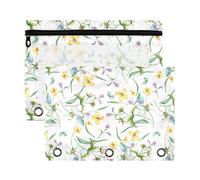 Mnsruu Yellow Blue Meadow Wild Flowers 3 Rings Binder Pouch Pencil Case, 2 Pack Pencil Pouches with Zipper, Clear Window Cosmetic Bag