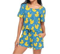 Mnsruu Yellow Bubbles Rubber Duck Blue Womens Pyjamas Sets Short Sleeves, Ladies Pajamas Pjs Set Loungewear with Pocket Size M