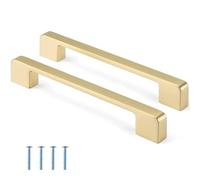 MnuCyiPiu 2 PCS Gold Cabinet Handles 128mm Cabinet Pulls Hardware Brass Drawer Handles Square Wardrobe Pull for Bathroom Kitchen Furniture Cupboard Door (Hole Centers: 128mm)