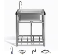 MNUPUOL 29.5In High Stainless Steel Freestanding Single Bowl Utility Sink Utility Sinks with Cold and Hot Water Pipe Stainless Steel Sink for Restaurant Cafe Bar Hotel Garage,Silver,42 * 47 * 75cm