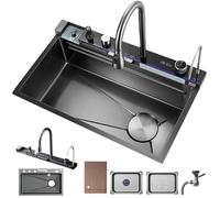 MNUPUOL 304 Stainless Steel Single Bowl Kitchen Sinks Double Waterfall Sink with Pull-Out Tap,Cup Washer,LED Display Nano Black Raindance Waterfall Drop in Sink Integrated Workstation,68 * 45 * 22cm