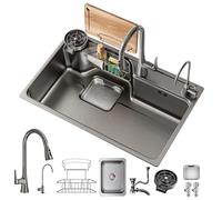 MNUPUOL 304 Stainless Steel Single Bowl Kitchen Sinks Multi-Function Sink Single Bowl Drop in Sinks Workstation with Accessories with Pull-Out Swivel Faucet with Cup Washer,Gray,68 * 47cm